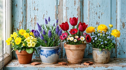 Colorful Flowers in Pots on a Weathered Wooden Window Sill