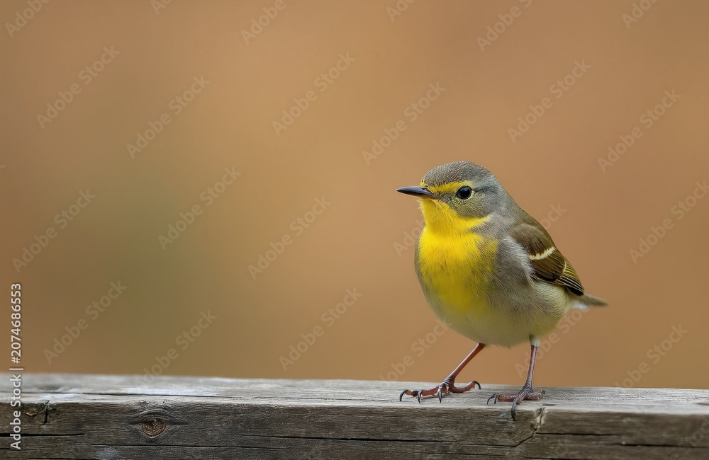 Obraz premium Small willow warbler bird with yellow breast sits on wooden fence. Tiny songbird looks alert with eye. Avian wildlife in natural outdoor habitat.