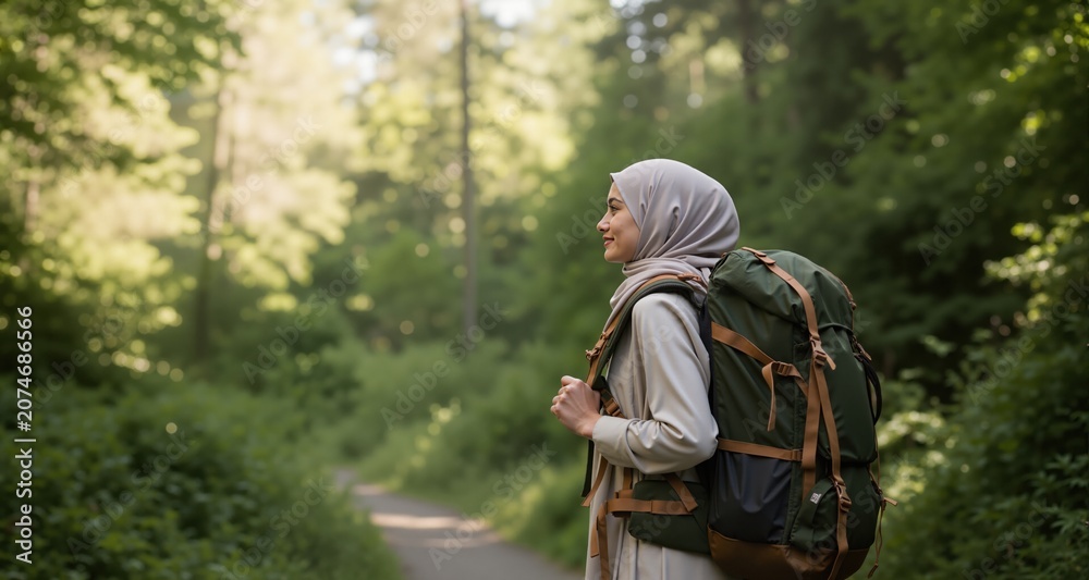 Fototapeta premium muslim woman in hijab with traveling backpack in nature 