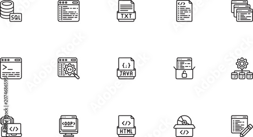 Tablou pe pânză Software programming and web development outline vector icon set featuring html