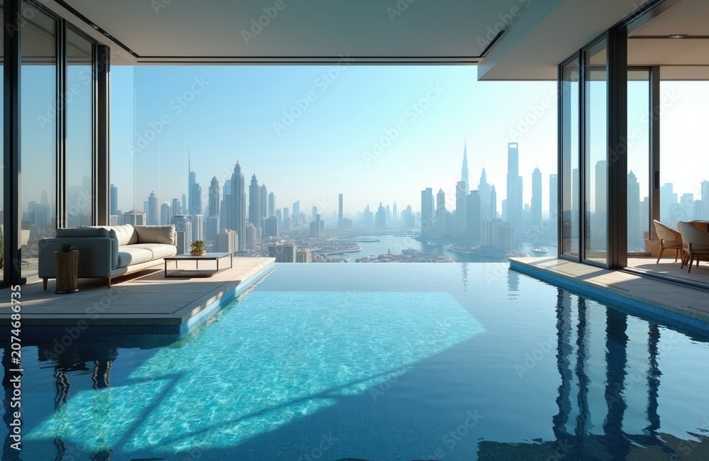 Naklejka premium Luxury penthouse infinity pool overlooking Dubai skyline. Modern apartment terrace with city view, sofas, dining area. High rise buildings cityscape, calm blue sky, bright day.