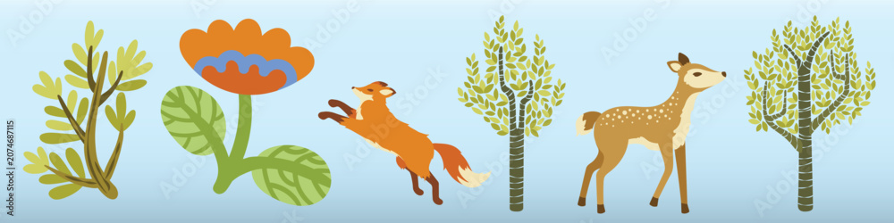 Fototapeta premium Vector illustration of a fox, deer, trees, and a flower on a light blue background.