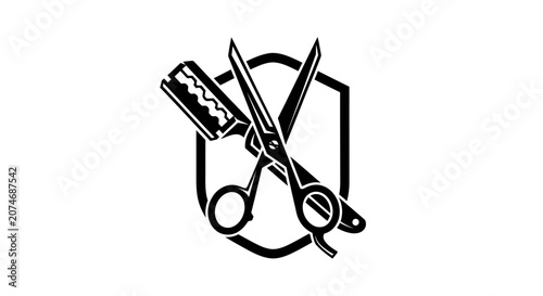 Professional Barbering Icon Depicting Scissors and Razor on Shield Against White Background
