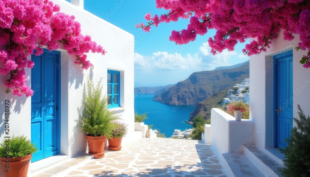 Fototapeta premium Charming white building with blue doors overlooks bright blue sea. Pink bougainvillea blooms over sunny white walled path. Steep hills rise above coastal village. Summer vacation destination.