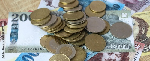 Vászonkép Hungarian forint money bills and coins on table