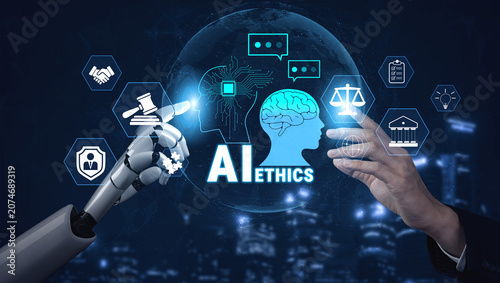 Konstfotografi Conceptual Representation of AI Ethics with Human and Robot Interaction Surrounded by Digital Icons and Symbols in a Futuristic Background Quark