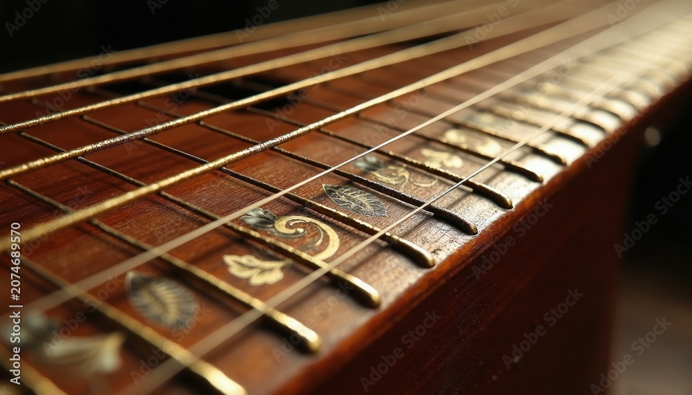 Fototapeta premium Closeup view of vintage musical instrument frets and strings. Ornate wood inlay work features detailed leaf patterns. Rich brown tones create a warm, classic feel for music lovers and creators.