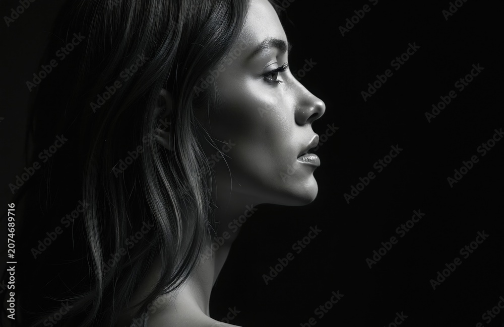 Obraz premium Profile view woman head. Elegant lady face with wavy hair in studio. Black and white portrait, dark background. Natural beauty, sensual lips, clear skin.