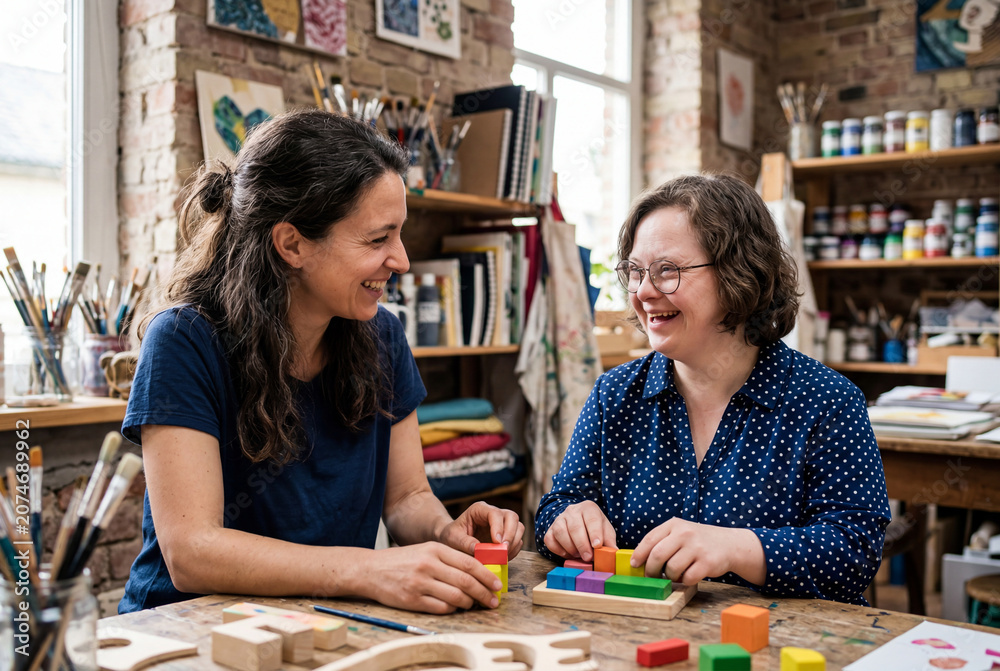 Fototapeta premium Two women smiling while playing with colorful wooden blocks