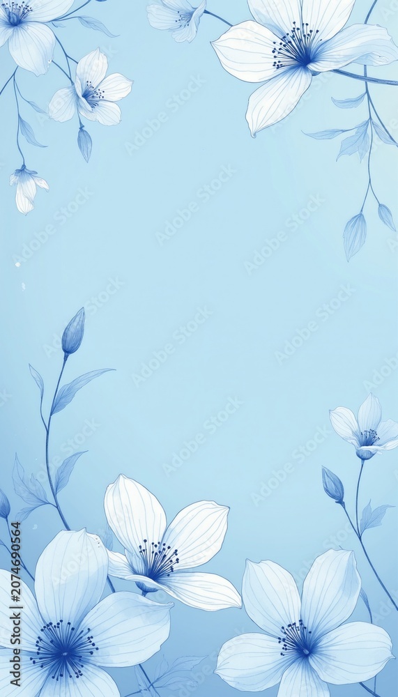 Fototapeta premium Delicate blue line art flowers with white petals and blue centers on a light blue gradient background. Botanical illustration with thin branches and leaves. Elegant floral pattern for design.