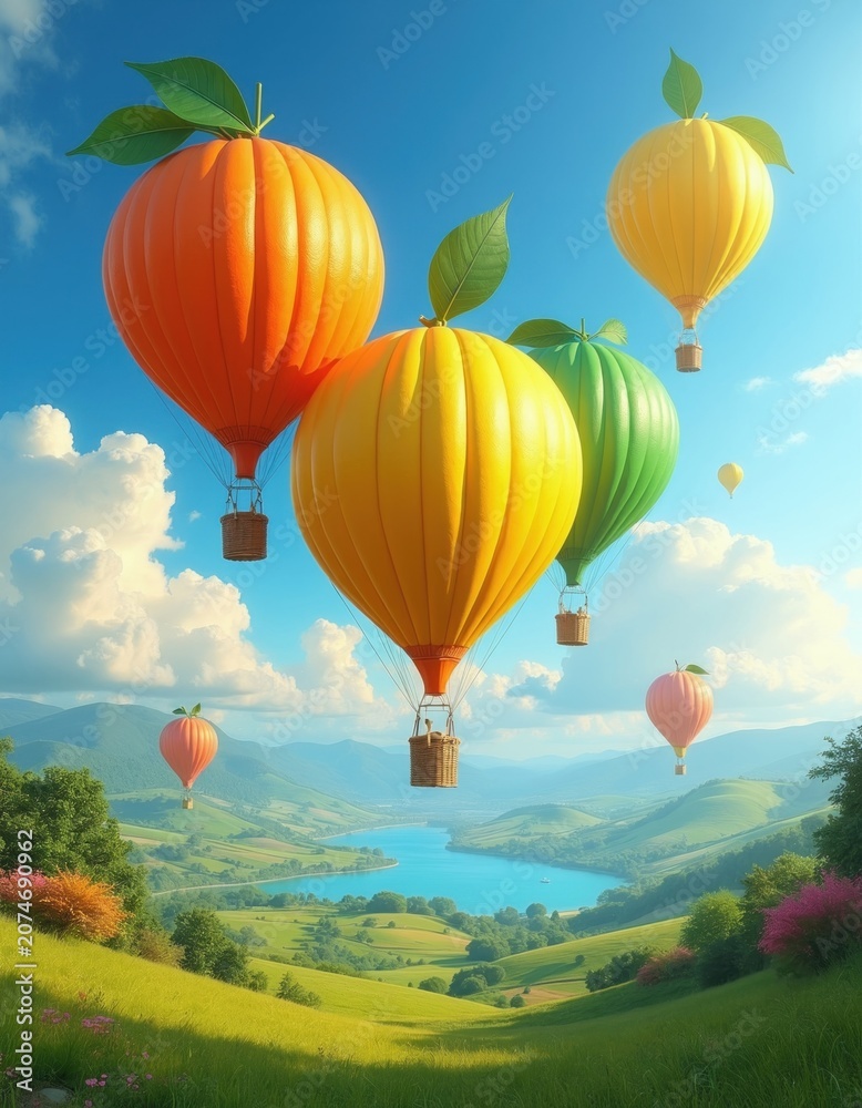 Fototapeta premium Orange, lemon, lime hot air balloons drift over rolling green hills and blue lake. Sunny summer landscape with fluffy clouds and clear sky offers serene adventure.