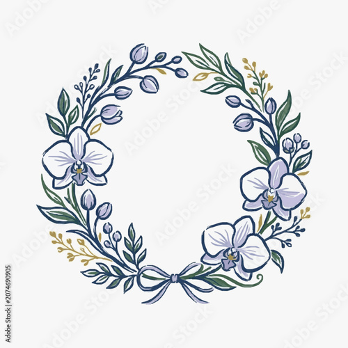 Orchid Flower Wreath with Green Leaves and Bow.