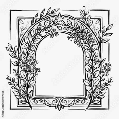 Ornate Archway with Floral Embellishments Hand Drawn Sketch.
