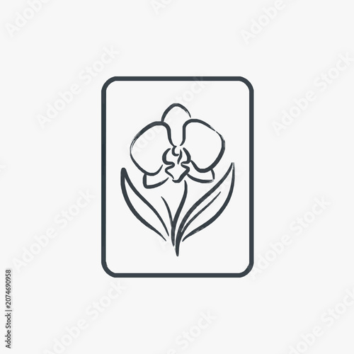 Simple Line Art Drawing of an Orchid Flower in a Rectangle Frame.