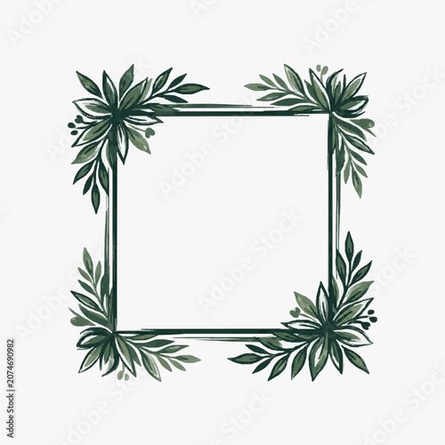 Square frame with green leaves and floral elements on white background.