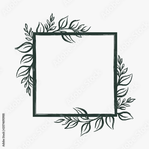 Square frame with hand drawn leaves and branches decoration.