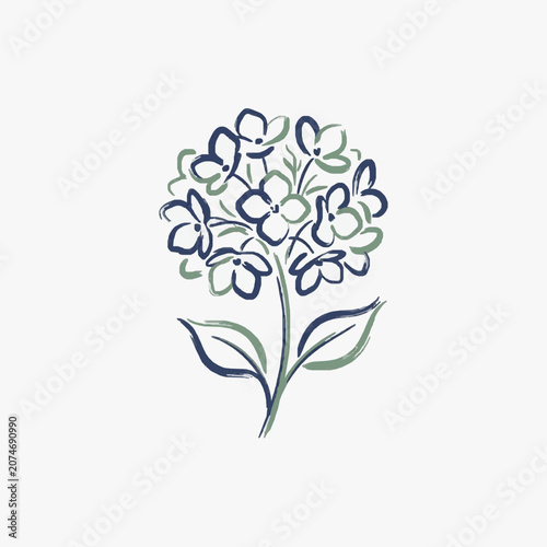Stylized illustration of a hydrangea flower with leaves and stem.