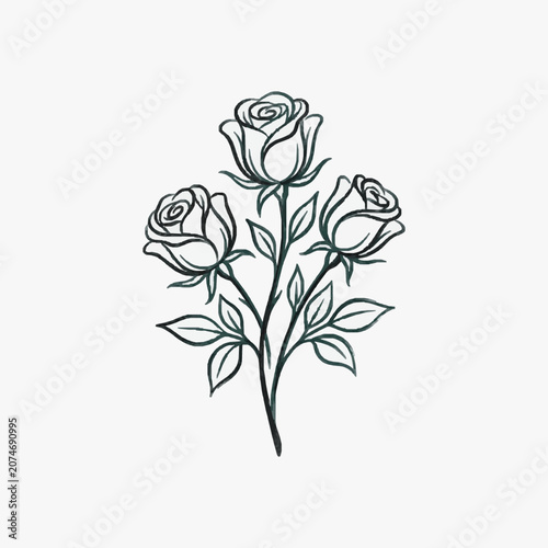 Three delicate rose flowers with leaves in a simple line art drawing style.