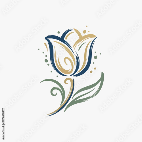 Stylized Tulip Flower Illustration with Swirls and Dots.