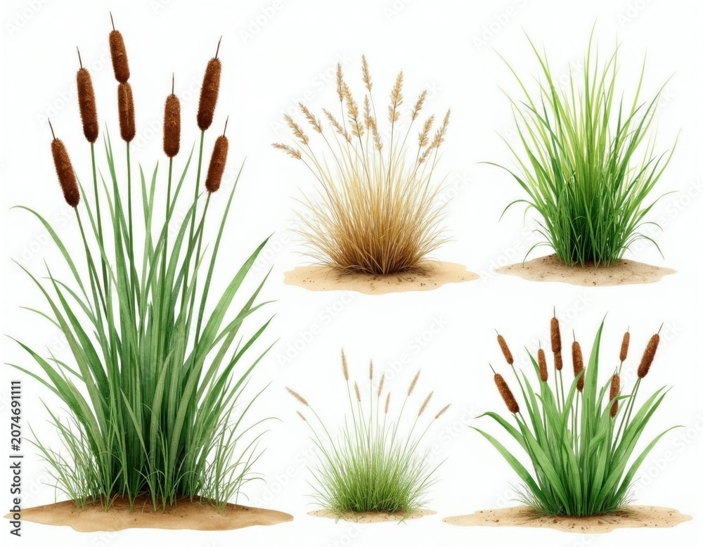 Fototapeta premium Watercolor drawings of cattails reeds and grasses isolated on white background. Plants grow in wetland marsh river bank shore areas. Useful for nature eco game design.