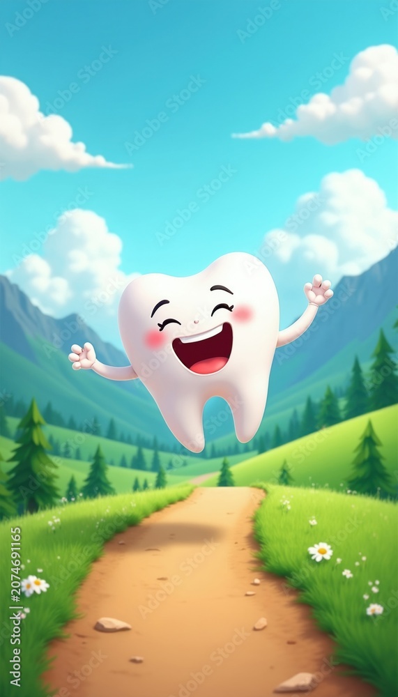 Fototapeta premium Smiling tooth character joyfully levitates above a mountain path. A cute cartoon tooth enjoys nature, sky, and green fields. Dental health care animation.