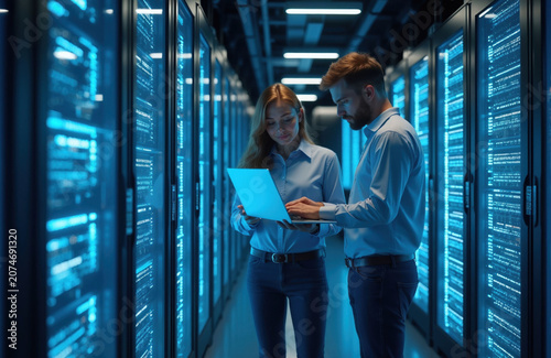 Man and woman work together on laptop in data center aisle. Blue lights glow from server racks, showing complex digital information. Team collaborates on tech project near computer hardware.