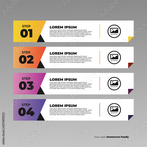 Business infographic timeline vector illustration with four steps and colorful geometric gradient banner cards menu layout with paper fold corner