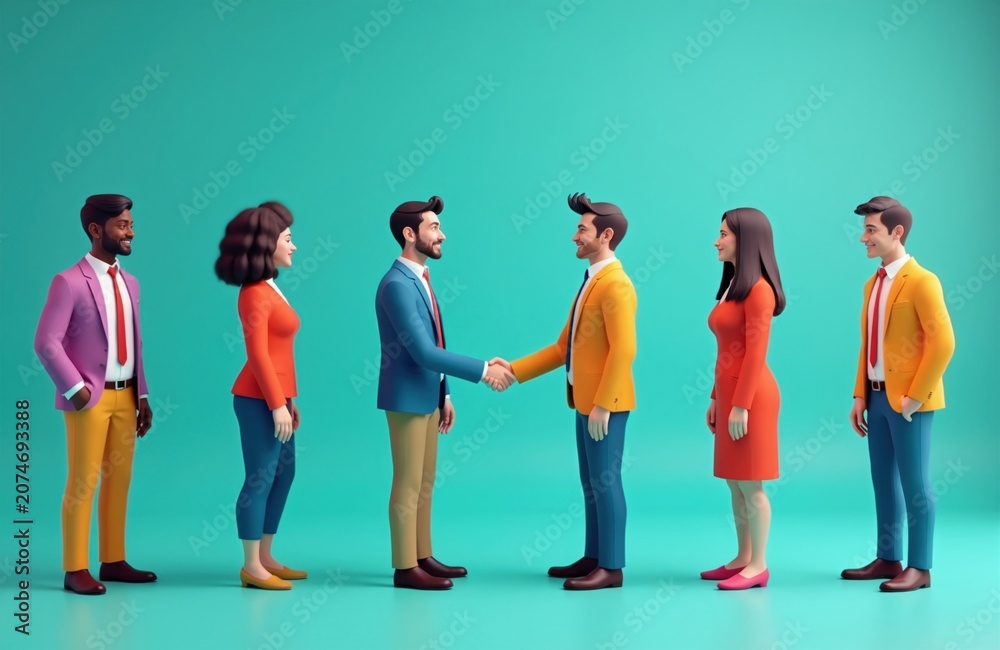 Fototapeta premium Diverse business people stand in line. Two men shake hands making deal. Teamwork collaboration happens in modern office setting. Agreement achieved success connection.
