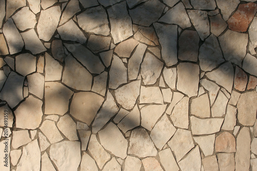 Natural stone pavement illuminated by sunlight and decorative tree shadows. Textured outdoor background with warm tones and organic patterns.