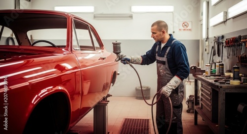Man painting red car in garage workshop