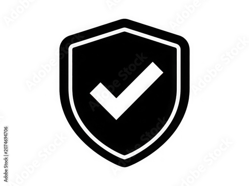 Black shield icon with white checkmark symbol isolated on transparent background