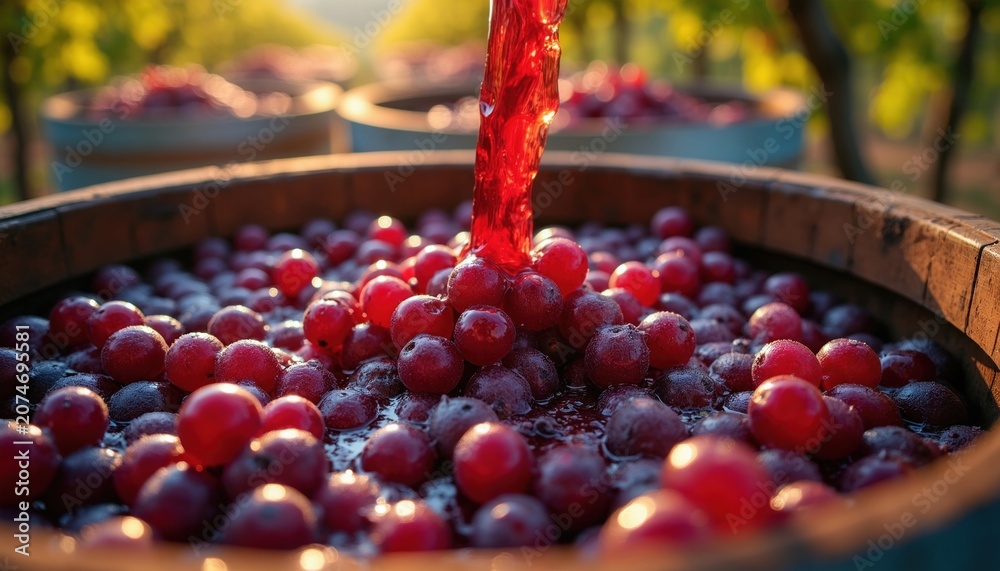 Fototapeta premium Grapes are crushed into juice in wooden barrel for wine production. Red liquid pours on ripe fruit at vineyard harvest. Traditional winemaking process in rural winery.