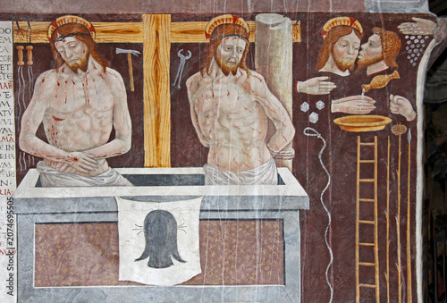 Cristo sofferente con gli strumenti della Passione; affresco di Pietro da Cemmo nella chiesa di Santa Maria Assunta a Esine (Brescia)