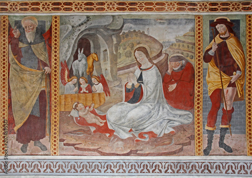 Natività tra i Santi Antonio Abate e Rocco; affresco di Pietro da Cemmo nella chiesa di Santa Maria Assunta a Esine (Brescia)