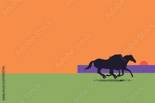 Flat vector illustration of a pair of wild dark horses galloping fast through a beautiful warm sunset field, animal concept