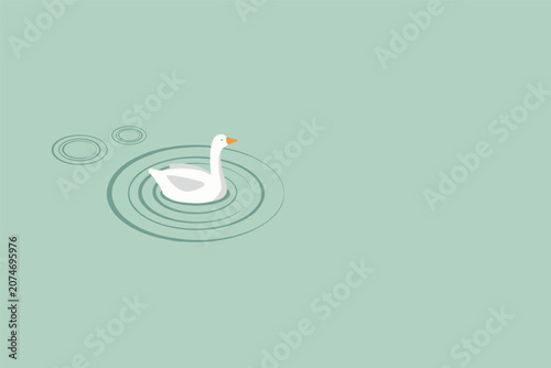 Flat vector illustration of a graceful white swan goose floating gently leaving soft water ripples in pond, nature concept