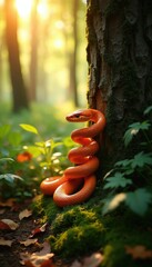 Orange serpent coils on mossy tree trunk in sunlit forest. Wild reptile rests on forest floor surrounded by green plants and fallen leaves. Wildlife scene at daytime.