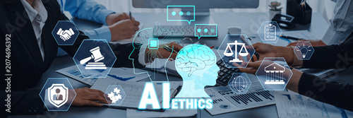 Konstfotografi Understanding the Impact of AI Ethics in Business Environments with Diverse Professionals Collaborating on Digital Technology Solutions Quark
