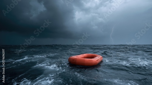 Orange life raft adrift in stormy sea under dark clouds with lightning