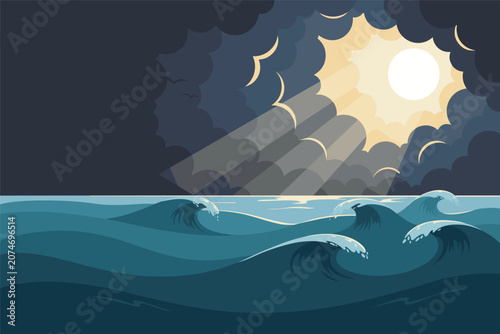 Flat vector illustration of a bright sun shining wonderfully through dark angry storm ocean clouds view, weather concept