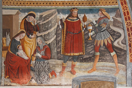 adorazione dei Magi; affresco di Pietro da Cemmo nella chiesa di Santa Maria Assunta a Esine (Brescia)