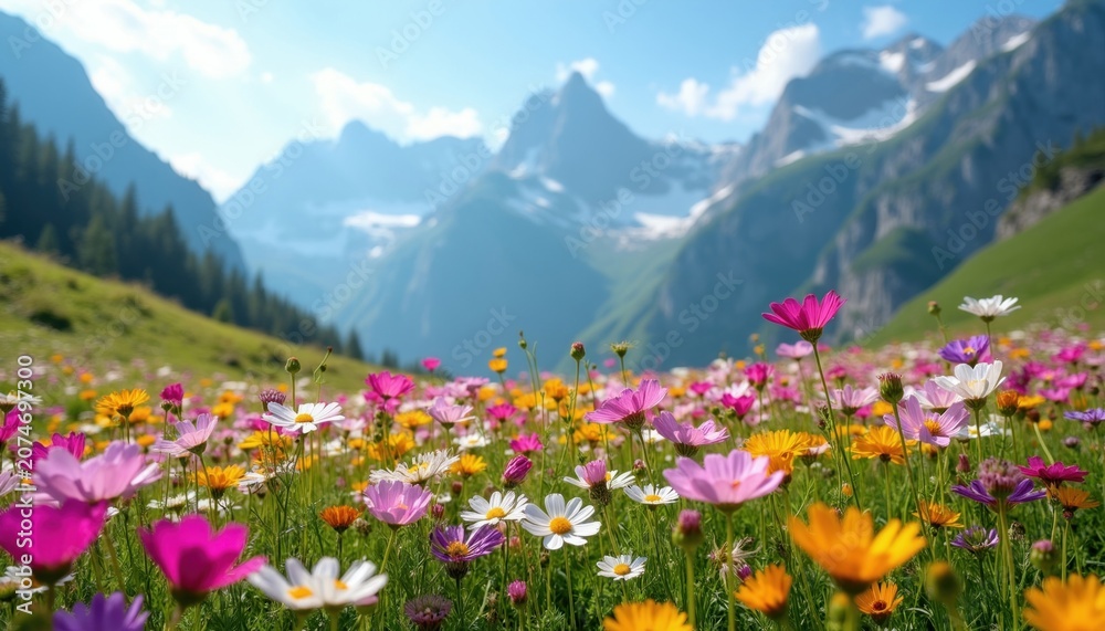 Fototapeta premium Vivid meadow blooms with colorful wildflowers. Mountain range rises in background under clear blue sky. Gentle breeze moves blossoms across grassy slope. Scenic landscape evokes peace nature beauty.