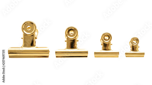 Gold bulldog clip collection for office, stationery, organization and creative workspace projects. Isolated on White background.