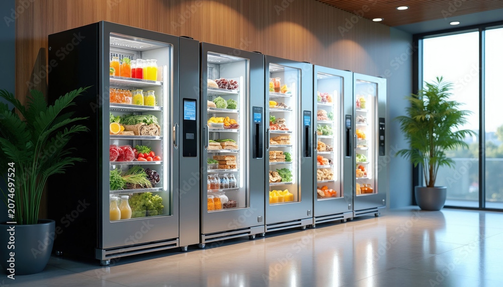Fototapeta premium Row of smart refrigerated vending machines stocked with fresh food, drinks placed in modern office setting. Automated retail stores provide convenient access to healthy meal options, snacks,