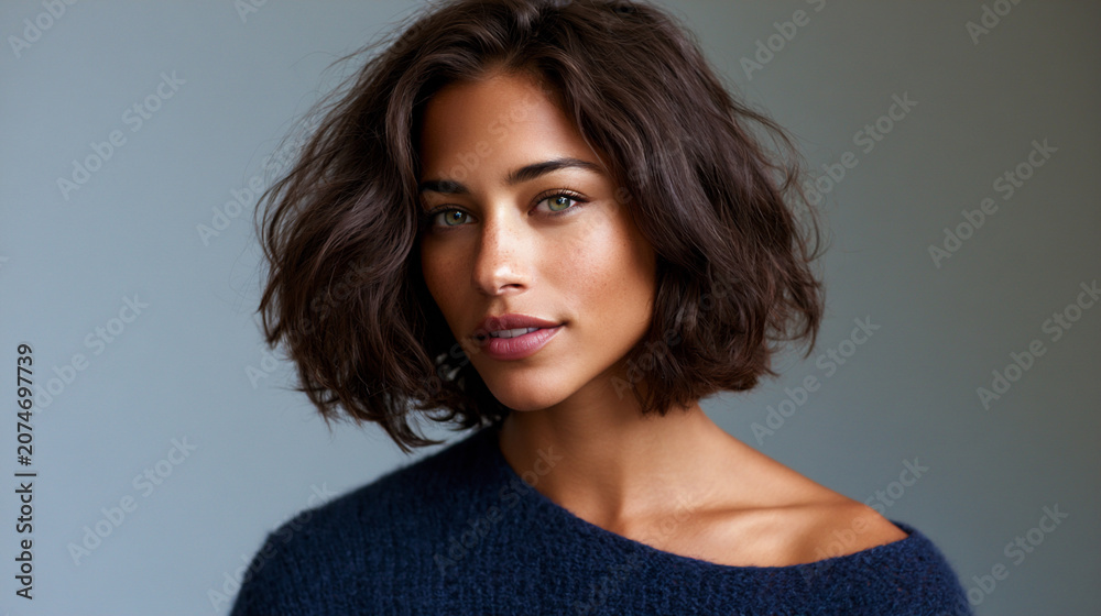 Obraz premium elegant brunette woman with natural beauty portrait, sophisticated female closeup with soft studio lighting, timeless beauty portrait of confident brunette woman