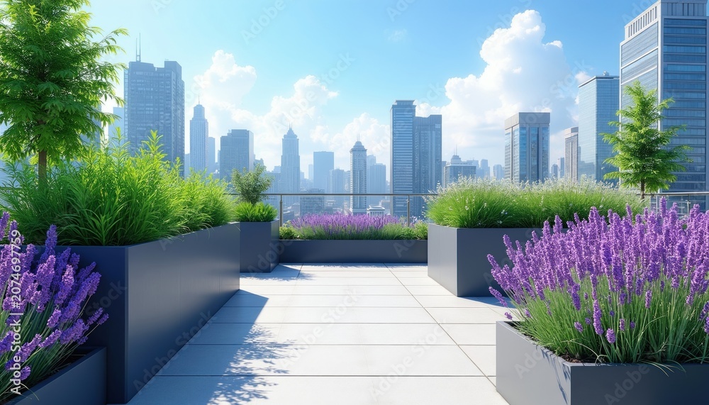 Fototapeta premium Urban rooftop garden with blooming lavender and green plants offers city skyline view. Modern planters on tiled terrace provide peaceful green space above skyscrapers. Bright sunny day with blue sky.