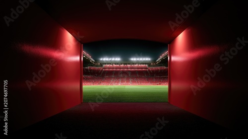 Dark tunnel leads to brightly lit stadium with red seats and green field