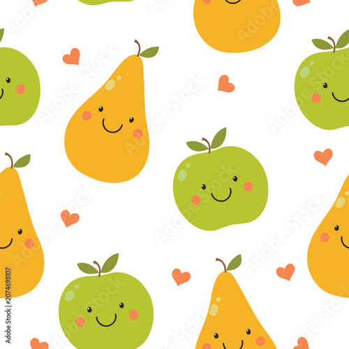 Cuadro en lienzo Cute smiling pears and apples on a white background