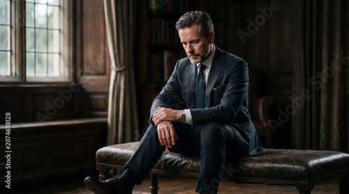 Man sitting on leather ottoman in dark room