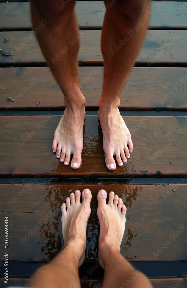 Fototapeta premium Bare feet stand on wet wooden boardwalk. Two persons legs, one lower than other, touch wet planks near water. Summer day relaxation at dock.